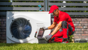 Outdoor heat pump unit after heat pump installation at a Bentonville, AR home